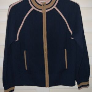 J. Crew Navy and Tan Cashmere Zip up Sweater